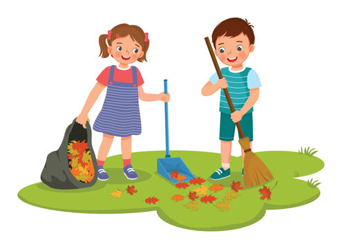 Happy little kids boy and girl raking fallen autumn leaves into plastic bag cleaning up in the garden together