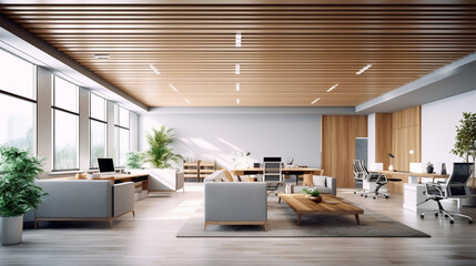 modern office with wood ceiling and grey furniture, in the style of white and beige, illusory images, matte background