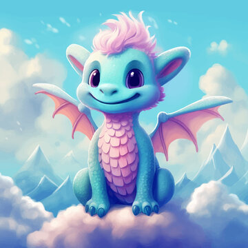 Super cute baby dragon is sitting on the clouds. Funny Cartoon character is lying on a soft pillow. Fantasy monster in the sky. Fairy tale. Soft colors. 3d illustration for children