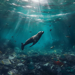 Obraz premium The sea lion swims underwater in the ocean among the debris. The concept of the problem of ecology. Generative AI.