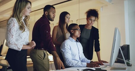 Office, night and business people training computer for creative, help and brainstorming. Management, coaching and person team working late online for planning, collaboration and problem solving