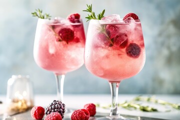 two tall gin glasses with pink gin and wild berry tonic served on ice, decorated with frozen berries and mint leafs - obrazy, fototapety, plakaty