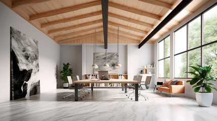 modern office with wood ceiling and grey furniture, in the style of white and beige, illusory images, matte background