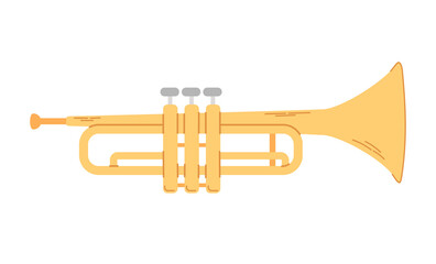 Golden trumpet illustration isolated on white background. Wind music instrument.
