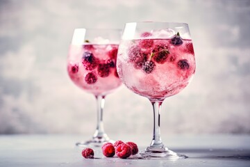 two tall gin glasses with pink gin and wild berry tonic served on ice, decorated with frozen berries