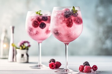 two tall gin glasses with pink gin and wild berry tonic served on ice, decorated with frozen berries and mint leafs