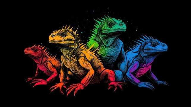 Animal silhouette lizzards , t-shirt design. A beautiful colorful and wonderful creation. Isolated black background. Generative AI
