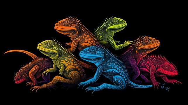 Animal silhouette lizzards , t-shirt design. A beautiful colorful and wonderful creation. Isolated black background. Generative AI