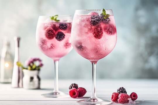 two tall gin glasses with pink gin and wild berry tonic served on ice, decorated with frozen berries and mint leafs