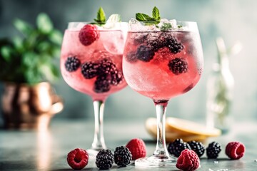 two tall gin glasses with pink gin and wild berry tonic served on ice, decorated with frozen berries and mint leafs