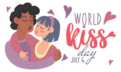 World Kissing Day. A young couple hugs and kisses. valentine's day. Abstract illustration of love. Magical feelings. For printing, posters, postcards. A gift for a loved one. Horizontal