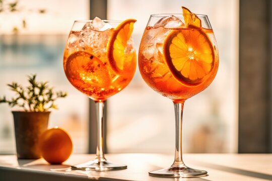 Two tall gin glasses with a spritz drink made of ice, soda and an Italian bitter lemon liquor, decorated with oranges
