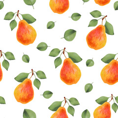Fruit pattern. Seamless pattern of pears and leaves. Botanical artwork with delicious food to decorate your design.Watercolor and marker illustration.