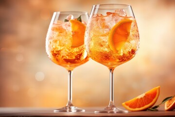 Two tall gin glasses with a spritz drink made of ice, soda and an Italian bitter lemon liquor, decorated with oranges