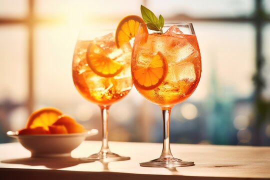 Two tall gin glasses with a spritz drink made of ice, soda and an Italian bitter lemon liquor, decorated with oranges
