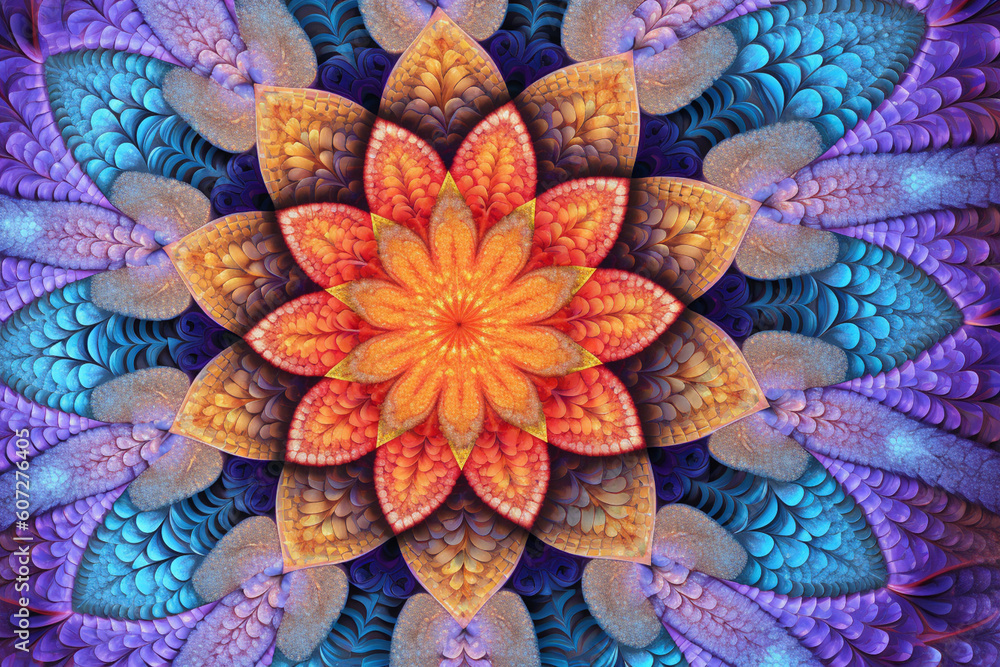 Poster  A digital artwork showcasing a fractal pattern of repeating geometric shapes, exploring the infinite possibilities of mathematical algorithms. Generative AI technology.