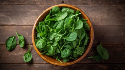 Baby spinach leaves in bowl on wooden table Generative AI