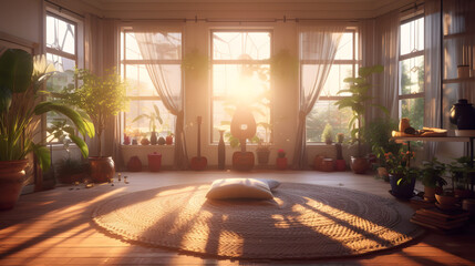 Step into a serene sunlit room adorned with elements of tranquility, where peaceful meditation envelops the atmosphere, capturing the essence of dedicated practice and inner peace. generative AI
