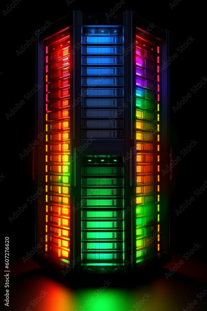 Poster  modern database server rack with rows of neatly organized servers, featuring a sleek design and blinking indicator lights. Generative AI technology.