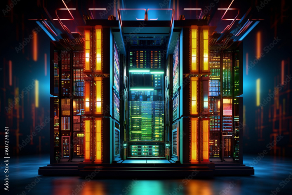 Poster futuristic representation of a database server, with vibrant colors and abstract geometric patterns.