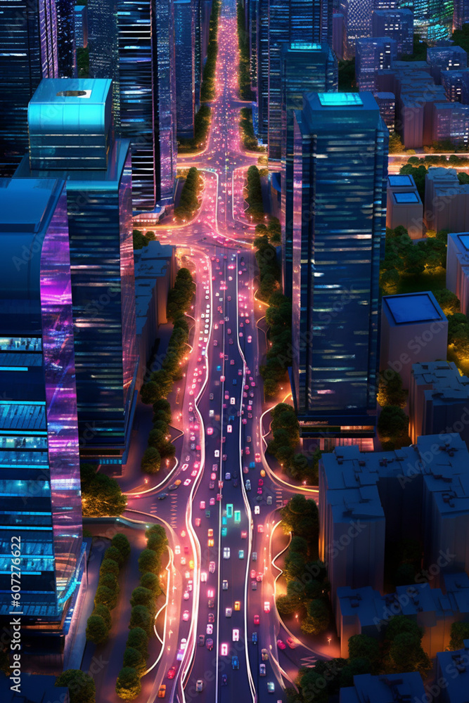 Poster smart city infrastructure powered by artificial intelligence, illustrating the efficient management 