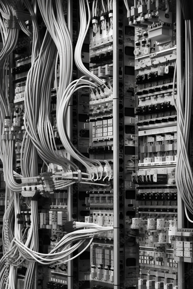 Fototapete capturing the organized arrangement of cables and connectors in the back of a database server, conve
