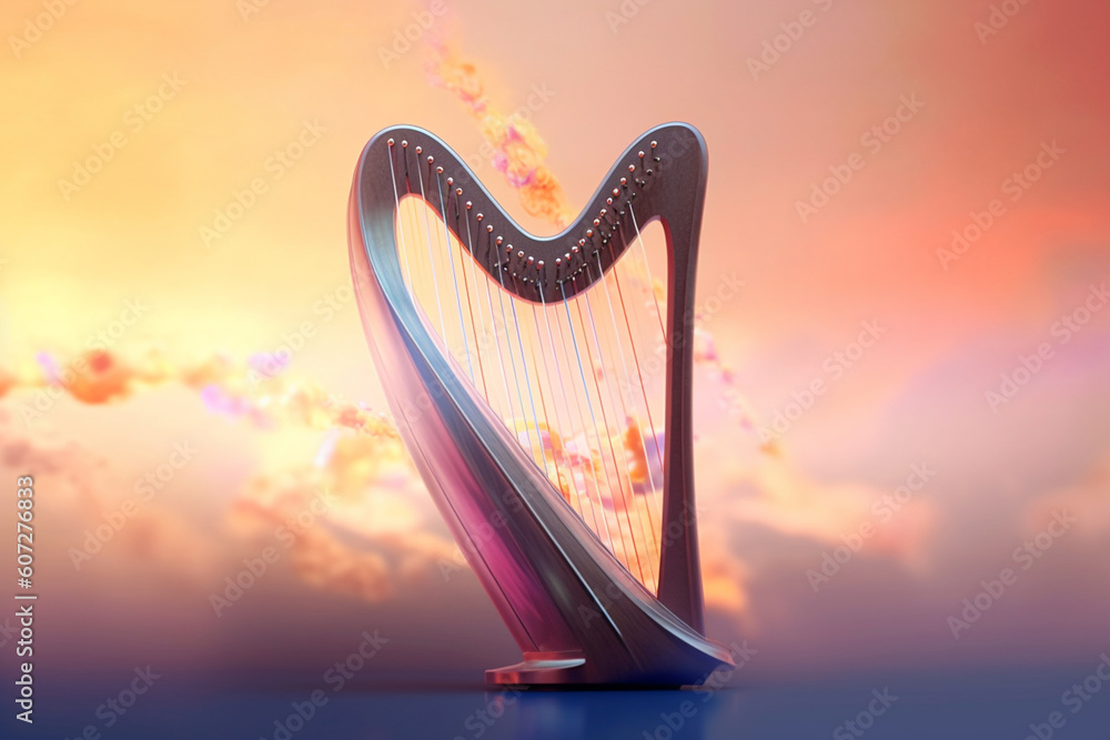Poster a digital illustration of a harp, with ethereal colors and delicate lines, symbolizing the angelic a