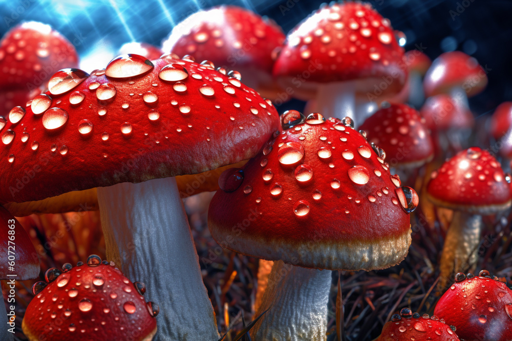 Poster  A close-up photograph of a cluster of vibrant red mushrooms, with intricate patterns on their caps and dewdrops glistening on their surface. Generative AI technology.