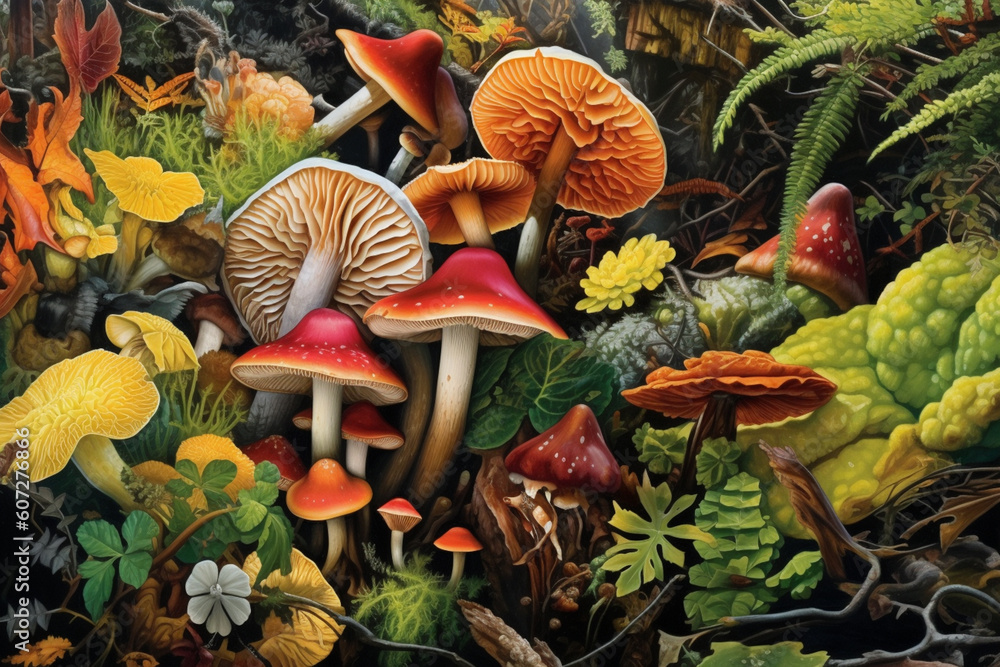 Poster a watercolor painting of a forest floor covered in an assortment of mushrooms, capturing the enchant