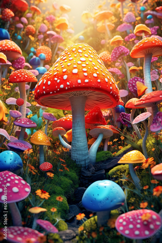 Aufkleber  A digital rendering of a mushroom garden, with mushrooms of various sizes and colors arranged in a visually pleasing pattern,  Generative AI technology.