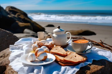 A tranquil image of breakfast of soft-boiled eggs, crusty bread, and a cup of tea, eblue sky in the background, epitomizing the serenity of a summer beach getaway. Generative AI.