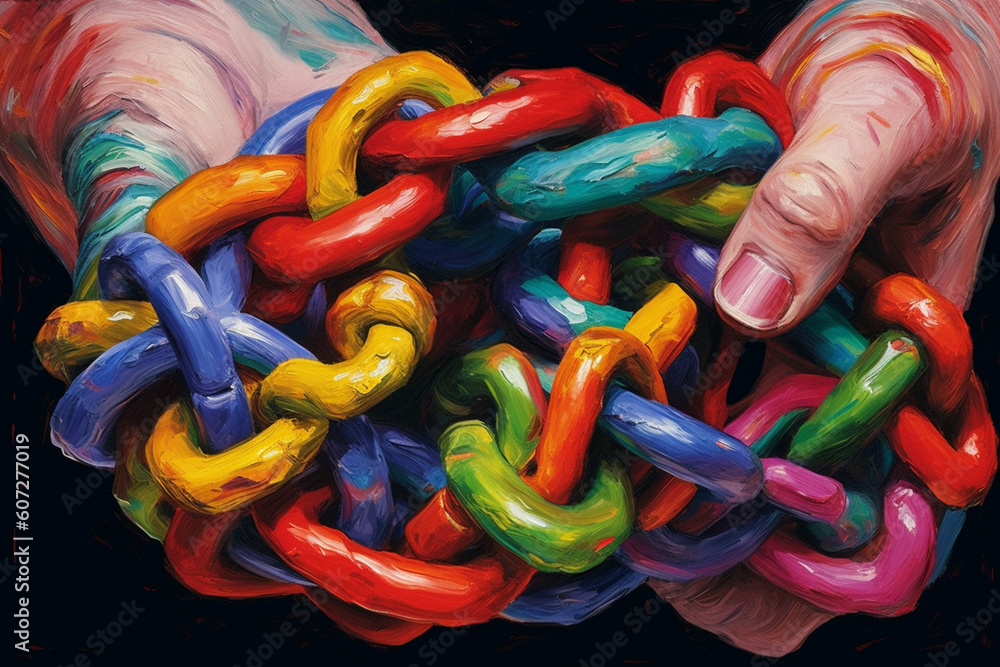 Poster  An abstract painting featuring a distorted image of a human hand trapped in chains, using bold colors and unconventional forms Generative AI technology.