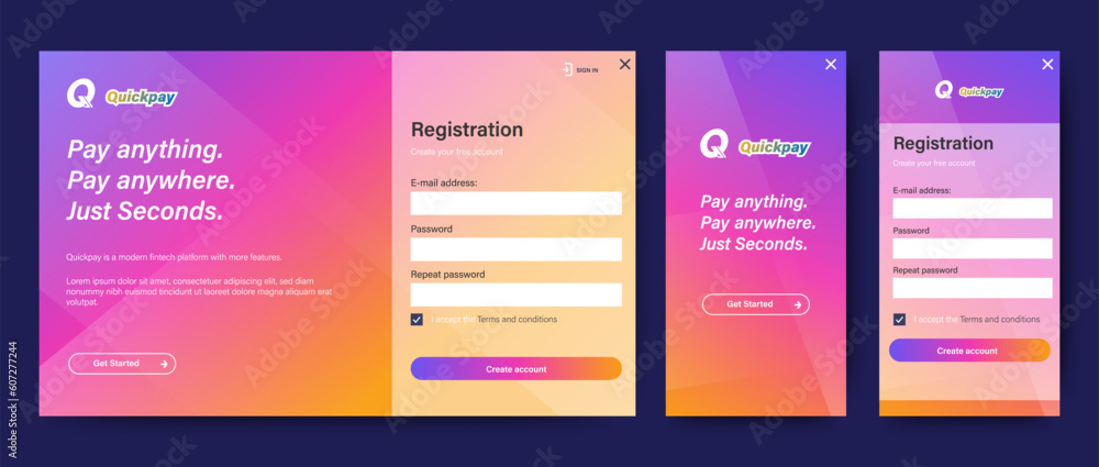 Poster modern colorful sign up and sign in forms. blue and red gradient. registration and login forms page.