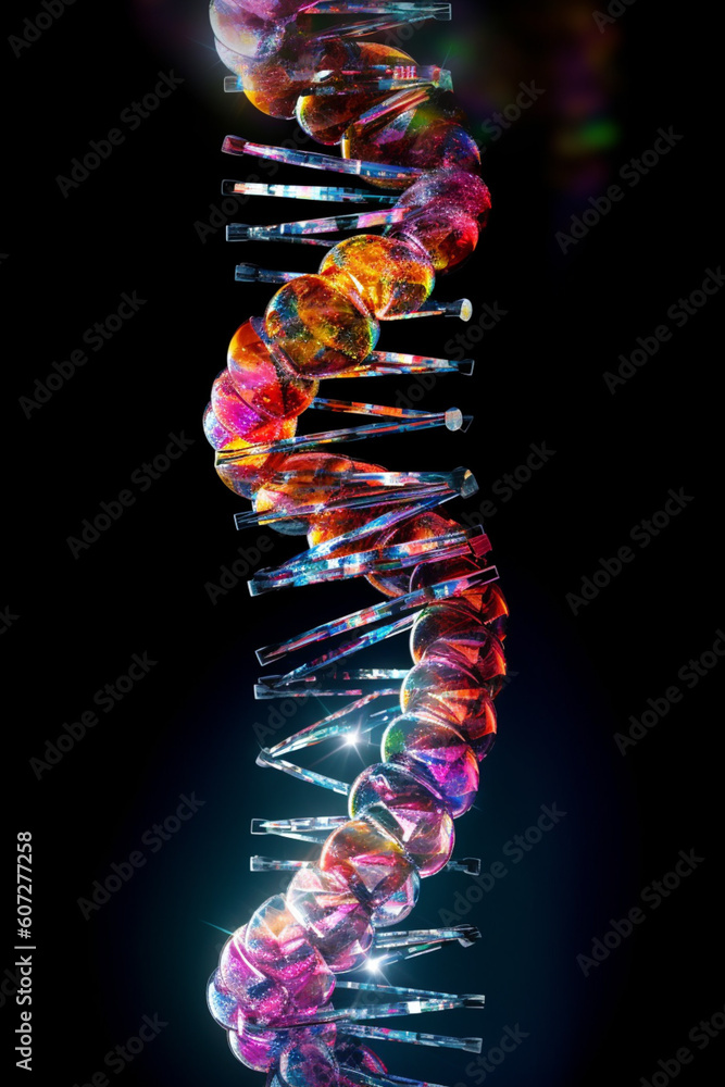 Poster  An artistic representation of a DNA helix composed of delicate glass strands, emphasizing the fragility and interconnectedness of life's building blocks.  Generative AI technology.