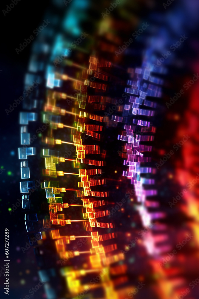 Poster a macro photograph of a dna sequencing gel, with bands of different colors indicating the sequence o