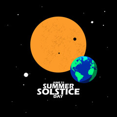 Illustration of a sun with earth, stars and bold text to commemorate Summer Solstice on June 21
