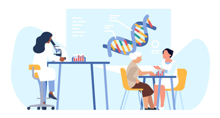 Blood lab, nurse takes blood sample from an elderly woman. Doctor examines biomaterial in laboratory, hospital or clinic procedure, health checkup. Cartoon flat isolated vector concept