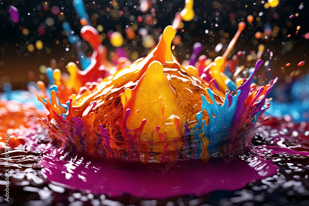 Aufkleber a composite image of colorful liquid droplets falling and splashing onto a surface, capturing the mo