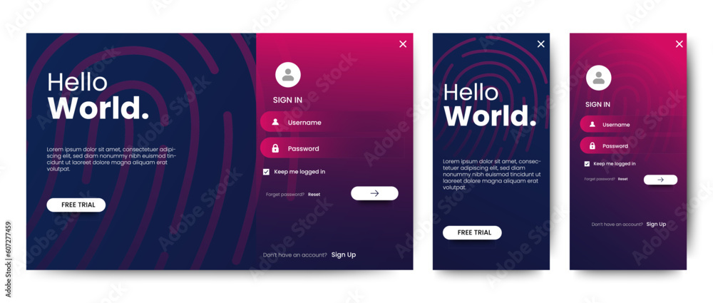 Poster set of sign up and sign in forms. blue and red gradient. registration and login forms page. professi