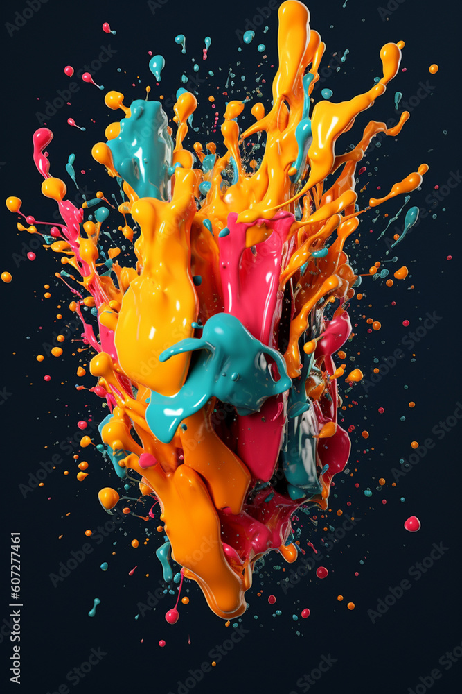 Poster an artistic representation of vibrant ink droplets falling and colliding in mid-air, creating a visu