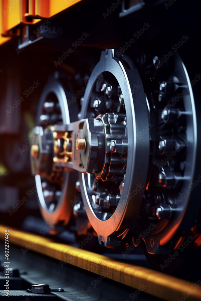 Poster a close-up photograph of the intricate details of a train wheel and railway tracks, highlighting the