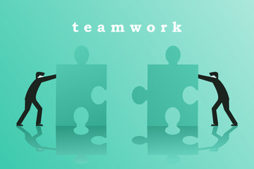 Businessman helping to complete a jigsaw puzzle. Business teamwork concept vector symbol. concept of cooperation and collaboration