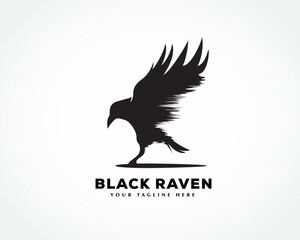 silhouette flying fast raven bird landing logo symbol design template illustration inspiration - obrazy, fototapety, plakaty