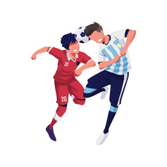 Illustration of a friendly match between Indonesia and Argentina, two players head the ball