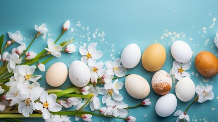 Easter eggs and Spring flower border on blue background Generative AI