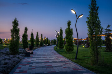 City night park in early summer or spring with pavement, lanterns, young green lawn and trees.