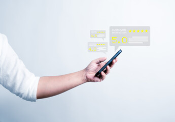 Customer check for feedback and comments. 5-star satisfaction, service experience rating, Client satisfaction or evaluation of product service quality, satisfaction feedback review. Best quality most.