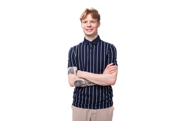 young European blond guy in a striped polo shirt on a white background