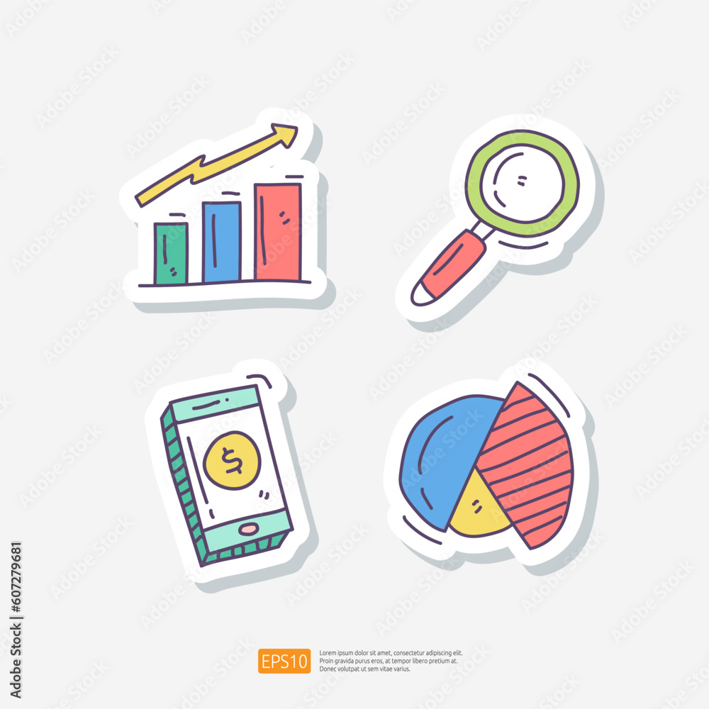 Poster graphic chart and analysis concept with magnifier. mobile payment and transfer. data report and digi
