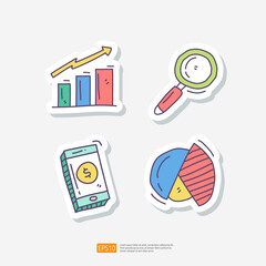 graphic chart and analysis concept with magnifier. mobile payment and transfer. data report and digital marketing concept doodle sticker icon set vector illustration